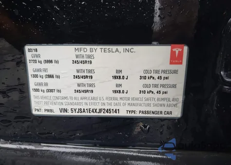 2018 Tesla Model S 100D/75D/P100D from USA, damaged, VIN 5YJSA1E4XJF245141